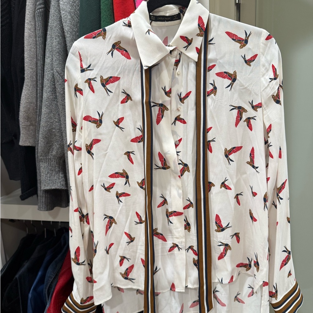 Bird Print Button-Up Blouse